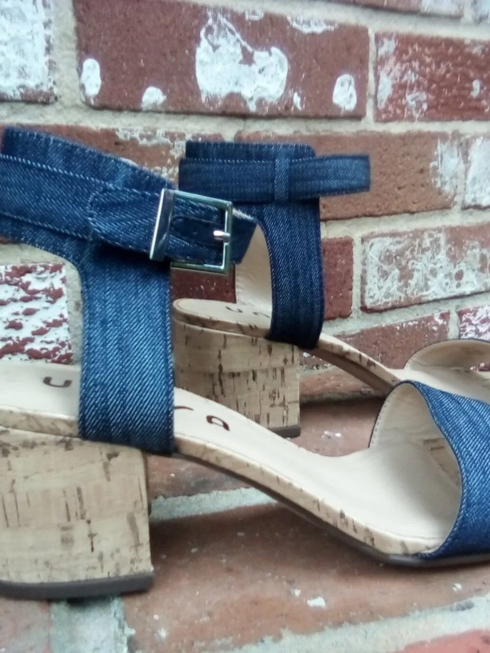 Denim Cork Wedge Sandals with Ankle Buckle size 8